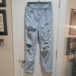 American Eagle Outfitters Blue High Rise Baggy Boyfriend Distressed Jeans